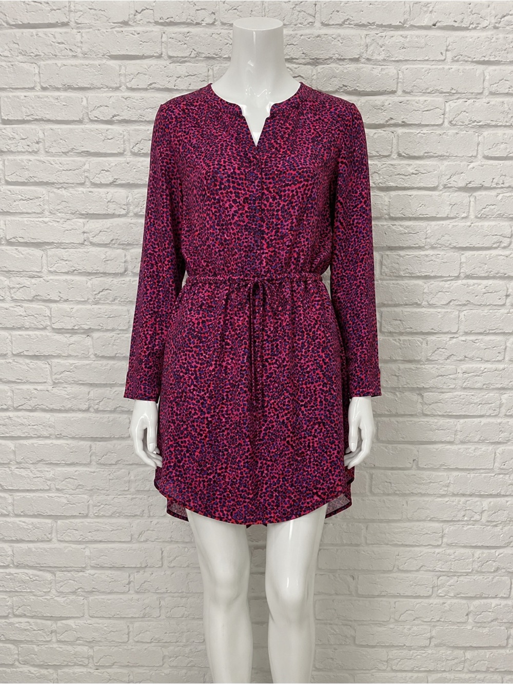 Splendid  Pink Animal Print Shirt Dress Rayon Long Sleeve Drawstring Pockets S